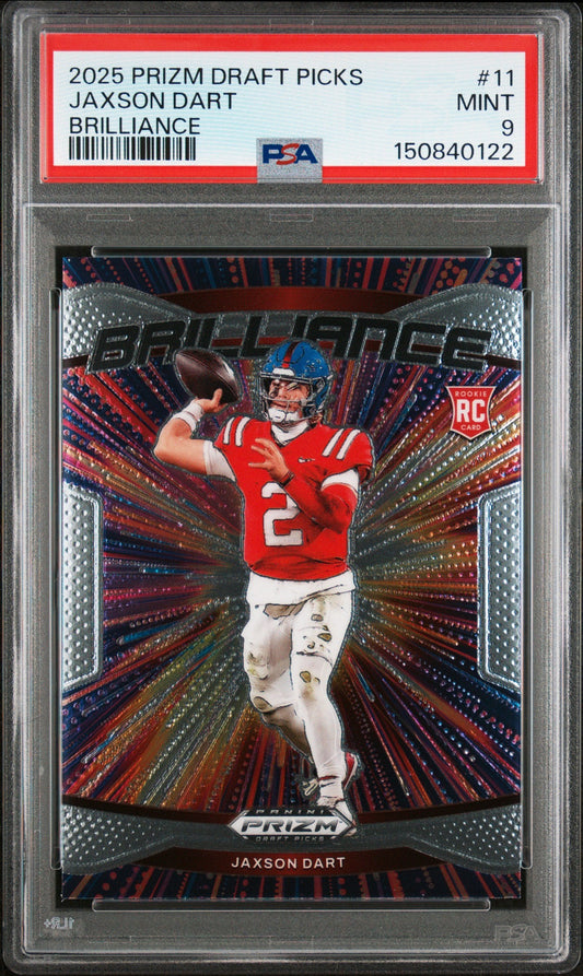 Graded 2025 Panini Prizm Draft Picks Jaxson Dart #11 Brilliance Rookie RC Football Card PSA 9 Mint