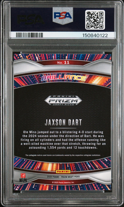 Graded 2025 Panini Prizm Draft Picks Jaxson Dart #11 Brilliance Rookie RC Football Card PSA 9 Mint