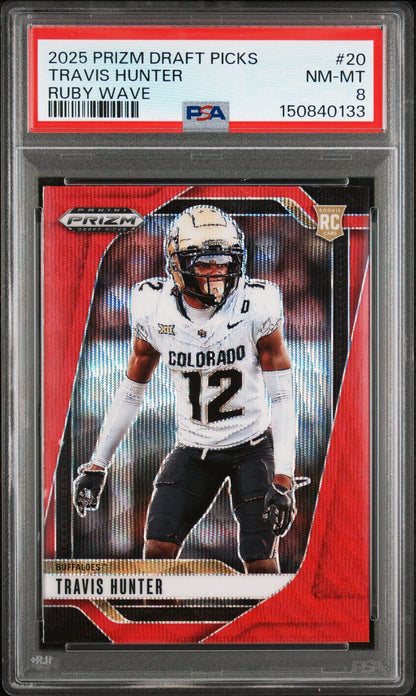 Graded 2025 Panini Prizm Draft Picks Travis Hunter #20 Prizms Ruby Wave Rookie RC Football Card PSA 8 Near Mint
