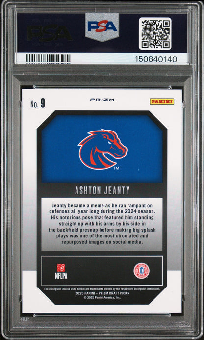 Graded 2025 Panini Prizm Draft Picks Ashton Jeanty #9 New Recruits Green Rookie RC Football Card PSA 10 Gem Mint