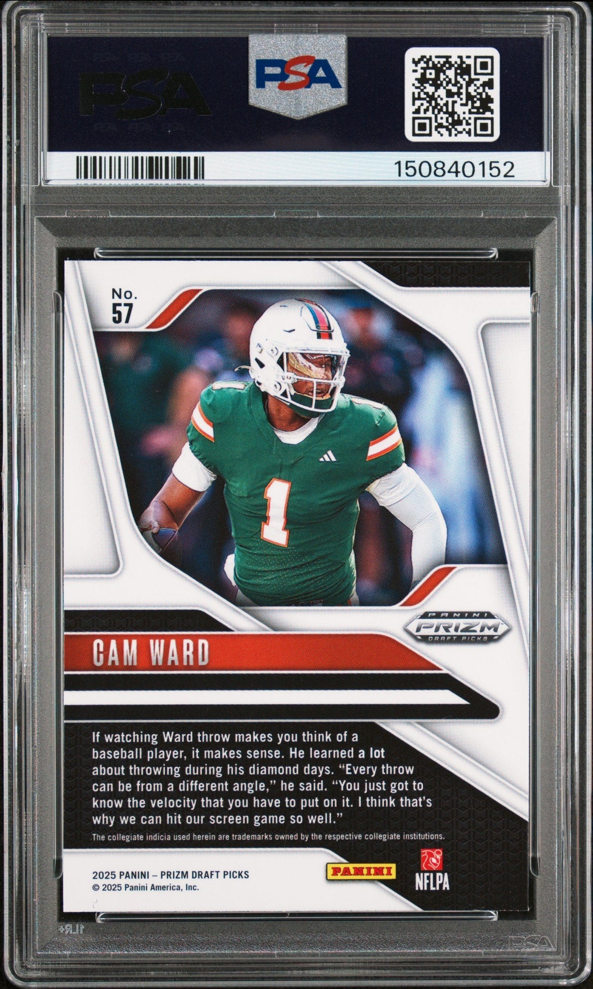 Graded 2025 Panini Prizm Draft Picks Cam Ward #57 Rookie RC Football Card PSA 8 Near Mint