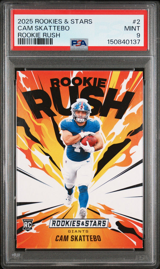 Graded 2025 Panini Rookies & Stars Cam Skattebo #2 Rookie Rush Rookie RC Football Card PSA 9 Mint