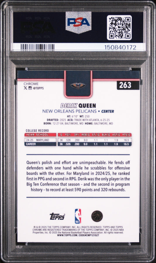 Graded 2025 Topps Chrome Derik Queen #263 Rookie RC Basketball Card PSA 10 Gem Mint