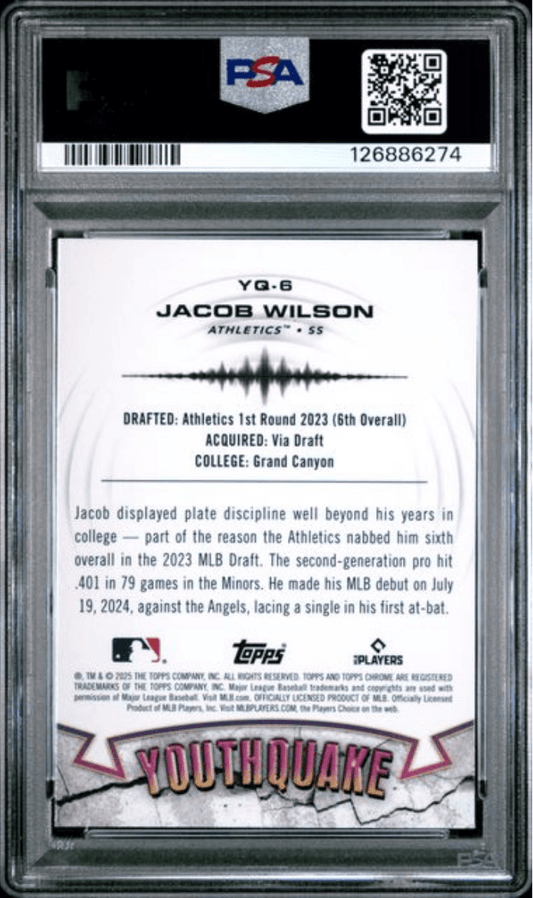 Graded 2025 Topps Chrome Jacob Wilson #YQ6 Youthquake Rookie RC Baseball Card PSA 10 Gem Mint