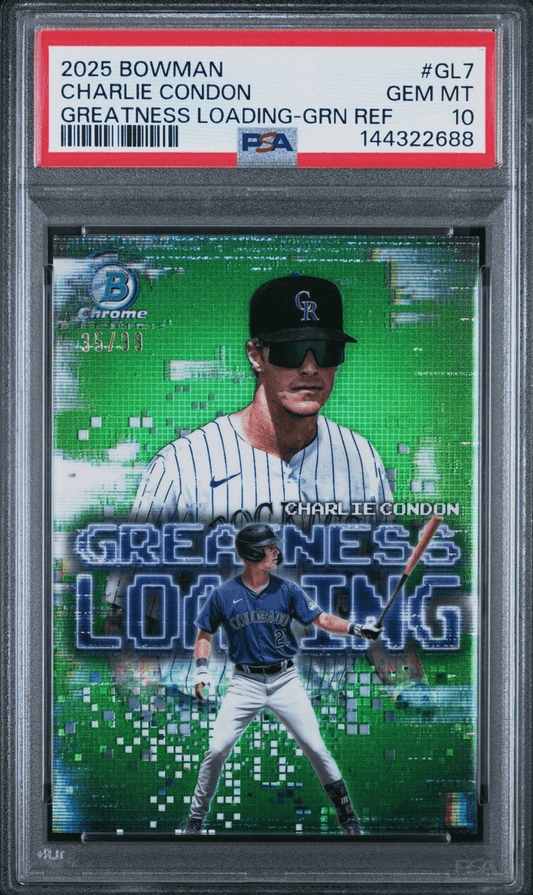 Graded 2025 Topps Bowman Charlie Condon #GL7 Greatness Loading Green Refractor /99 Rookie RC Baseball Card PSA 10 Gem Mint