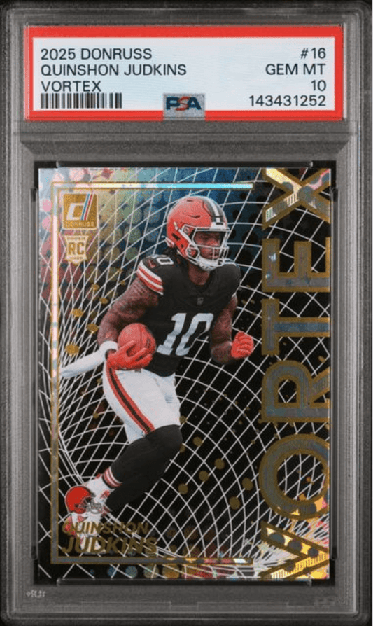 Graded 2025 Panini Donruss Quinshon Judkins #16 Vortex Rookie RC Football Card PSA 10 Gem Mint