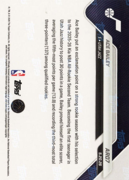 2025 Topps Now Ace Bailey #AR07 Orange Foil /25 2025-26 KIA NBA All Rookie Second Team Selection Utah Jazz Rookie RC Basketball Card