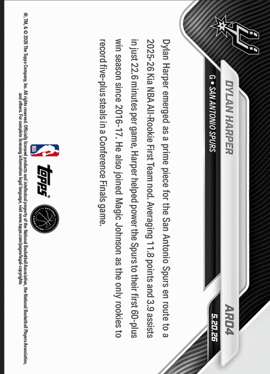 2025 Topps Now Dylan Harper #AR04 Orange Foil /25 2025-26 KIA NBA All Rookie First Team Selection San Antonio Spurs Rookie RC Basketball Card