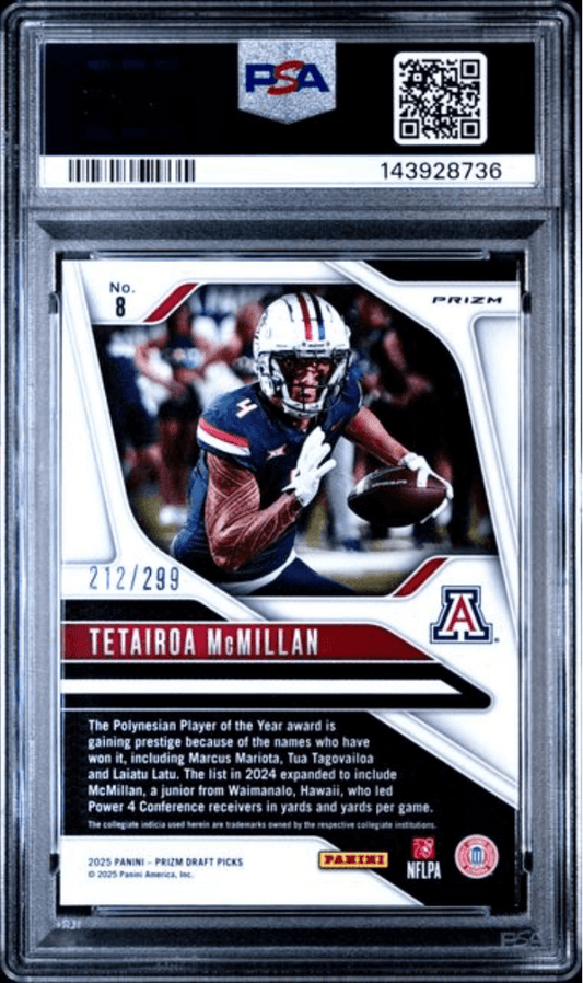 Graded 2025 Panini Prizm Draft Picks Tetairoa McMillan #8 Blue Wave /299 Rookie RC Football Card PSA 10 Gem Mint