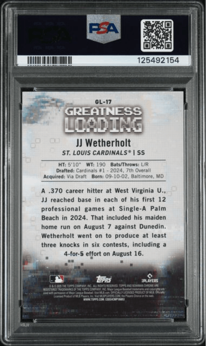 Graded 2025 Topps Bowman JJ Wetherholt #GL17 Greatness Loading Mini Diamond /150 Rookie RC Baseball Card PSA 10 Gem Mint