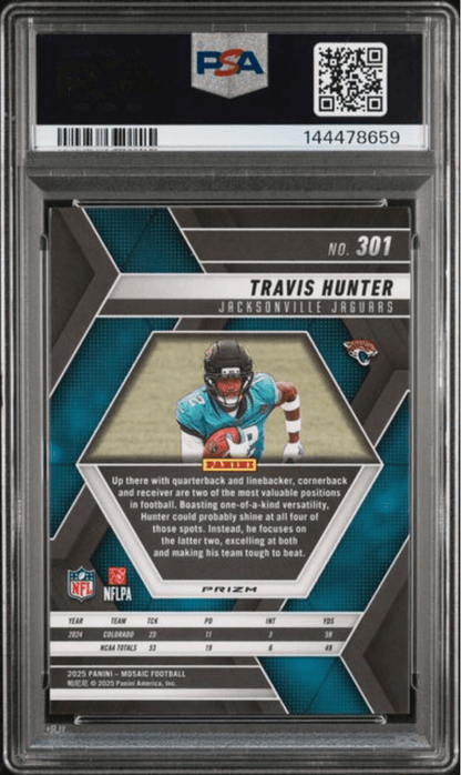 Graded 2025 Panini Mosaic Travis Hunter #301 Red & White Stripe Rookie RC Football Card PSA 10 Gem Mint