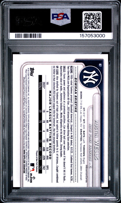 Graded 2024 Bowman Austin Wells #87 Mega Box Chrome Prospects Rookie RC Baseball Card PSA 10 Gem Mint