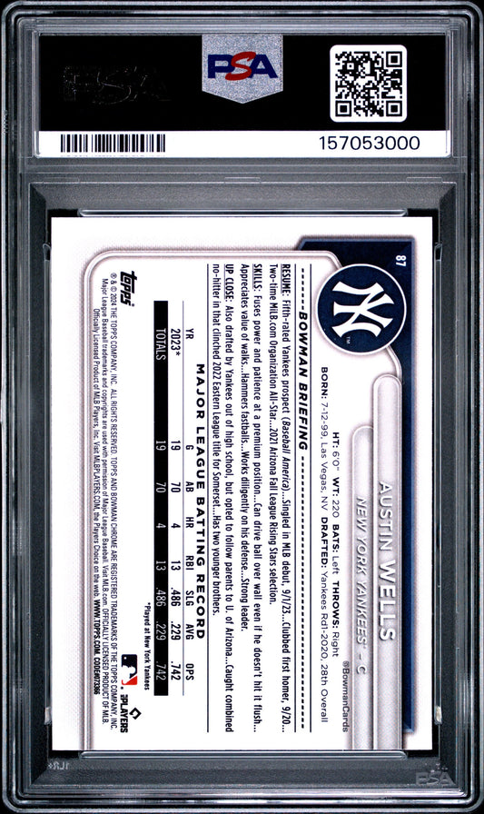 Graded 2024 Bowman Austin Wells #87 Mega Box Chrome Prospects Rookie RC Baseball Card PSA 10 Gem Mint