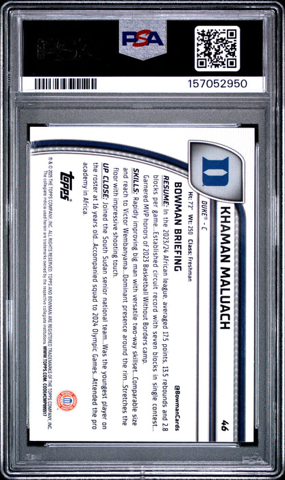 Graded 2024 Bowman University Chrome Khaman Maluach #46 Green Shimmer Refractor Rookie RC Basketball Card PSA 10 Gem Mint