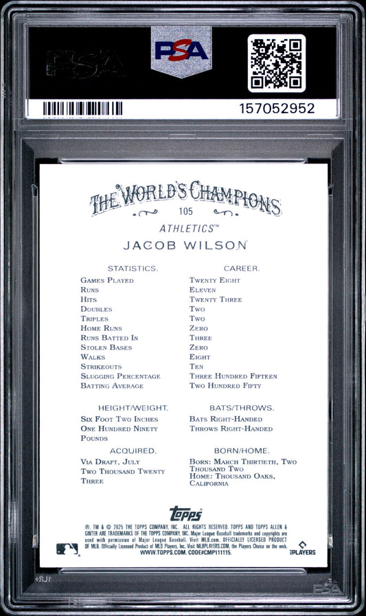 Graded 2025 Topps Allen & Ginter Jacob Wilson #105 Rookie RC Baseball Card PSA 10 Gem Mint
