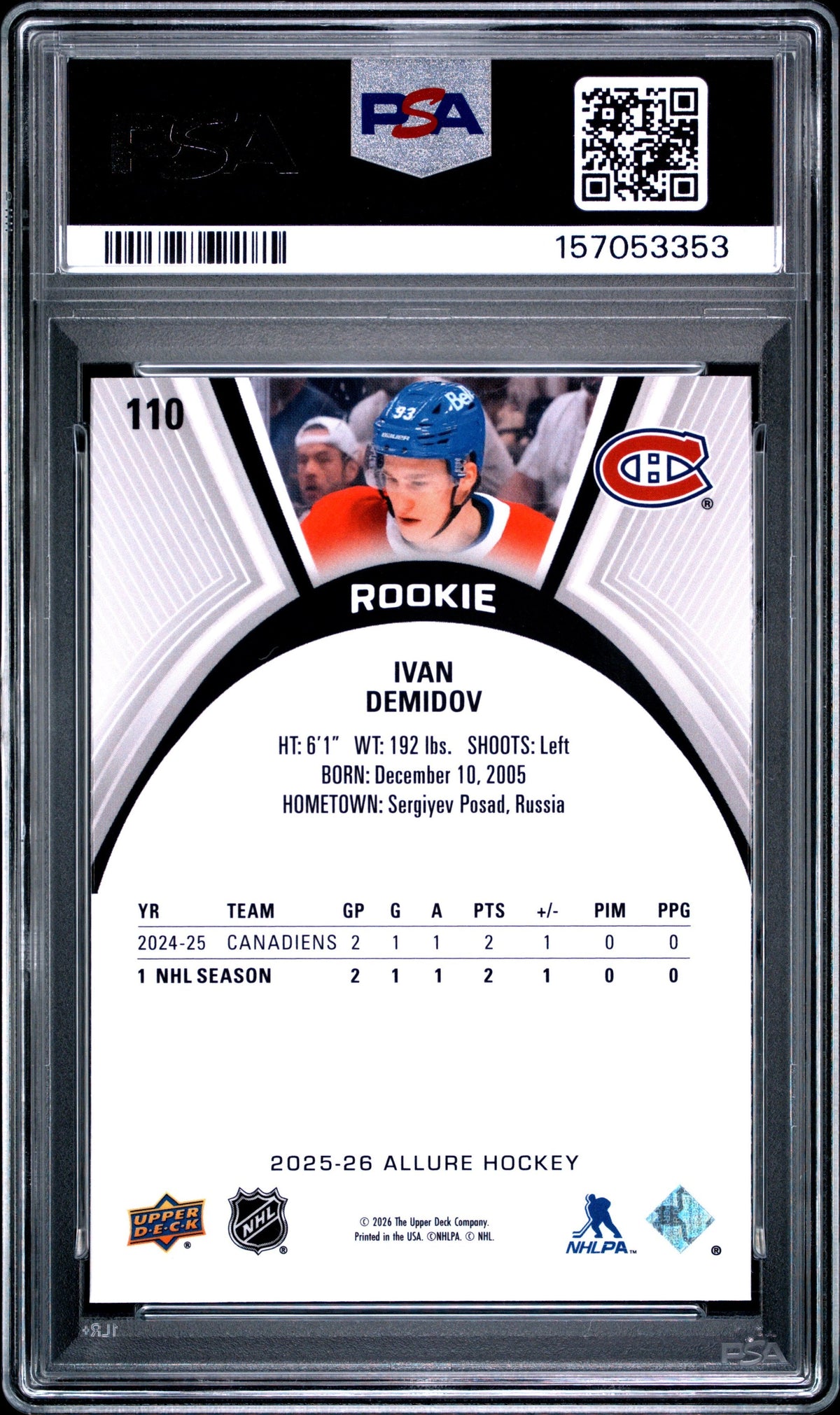 Graded 2025 Upper Deck Allure Ivan Demidov #110 Rookie RC Hockey Card PSA 10 Gem Mint