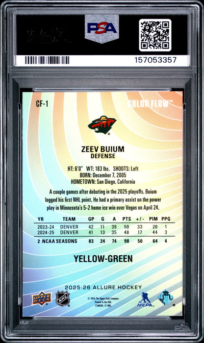 Graded 2025 Upper Deck Allure Zeev Buium #CF1 Color Flow Yellow-Green Rookie RC Hockey Card PSA 10 Gem Mint