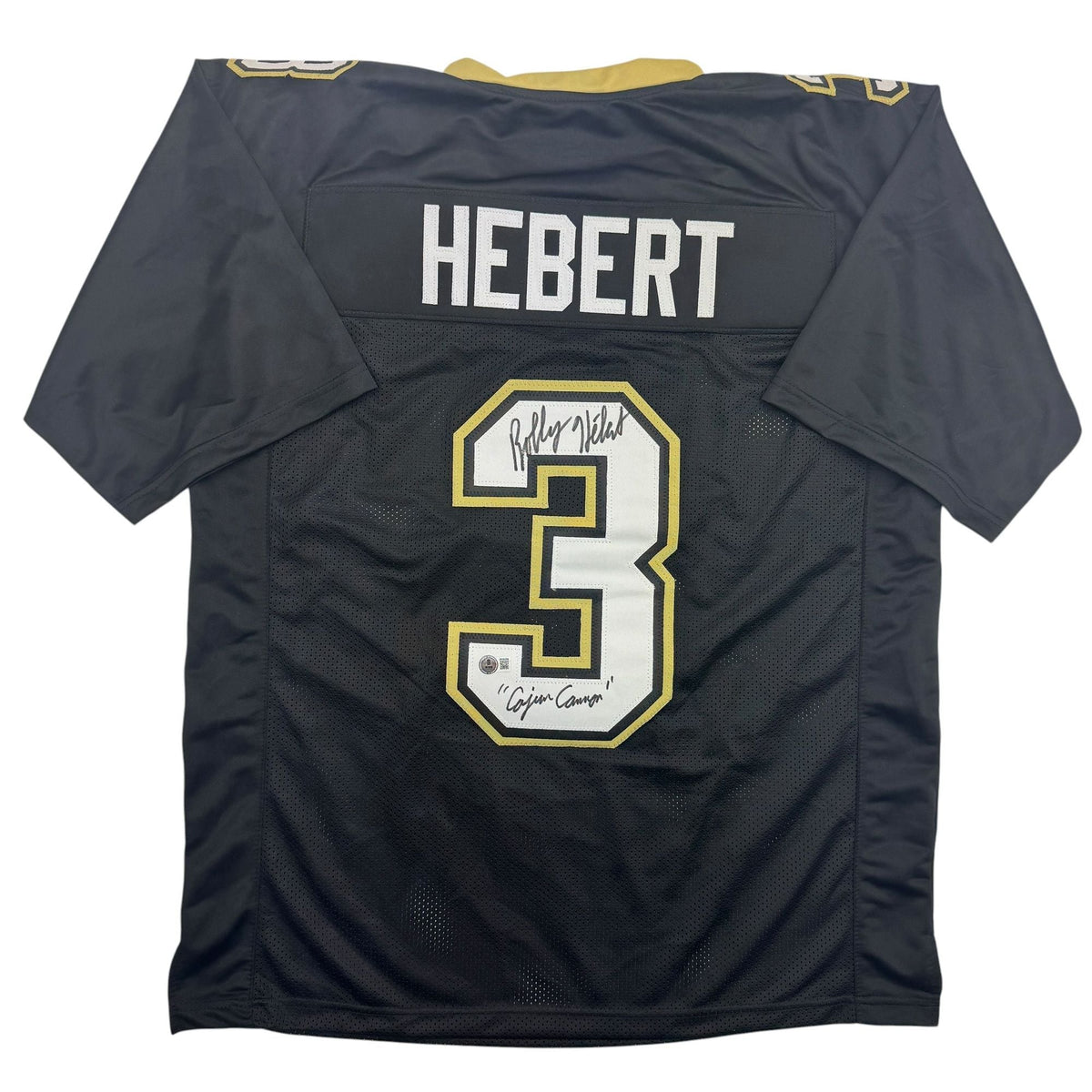 Autographed/Signed Bobby Hebert Cajun Cannon New Orleans Black Football Jersey Beckett BAS COA