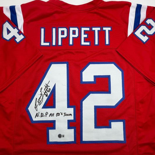 Autographed/Signed Ronnie Lippett New England Red Football Jersey Beckett BAS COA