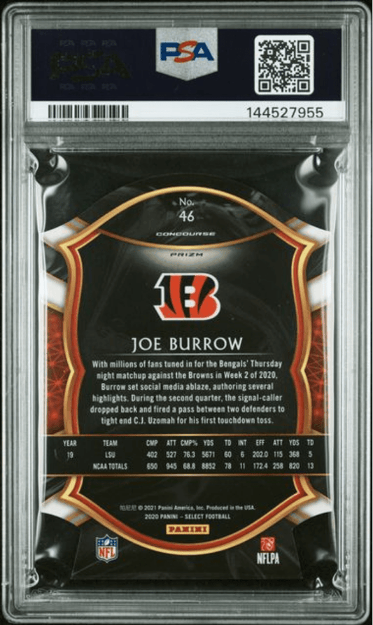 Graded 2020 Panini Select Joe Burrow #46 Die Cut Maroon Prizm Rookie RC Football Card PSA 10 Gem Mint