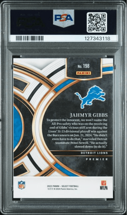 Back of a PSA-slabbed Jahmyr Gibbs card showing its navy and gold design, Lions logo, text, and cert number 127343118.
