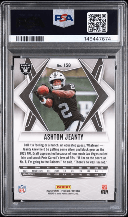 Graded 2025 Panini Phoenix Ashton Jeanty #158 Silver Lazer Rookie RC Football Card PSA 10 Gem Mint