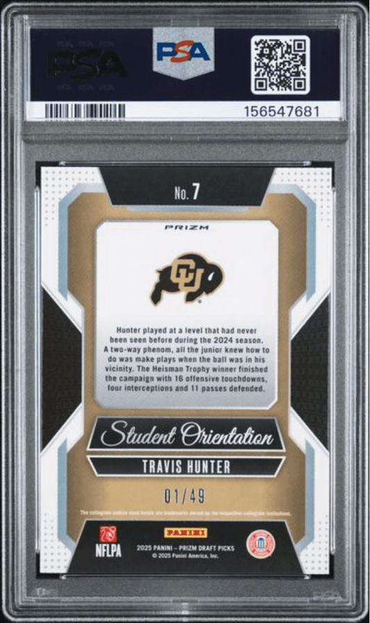 Graded 2025 Panini Prizm Draft Picks Travis Hunter #7 Student Orientation Red Flash /49 Rookie RC Football Card PSA 10 Gem Mint