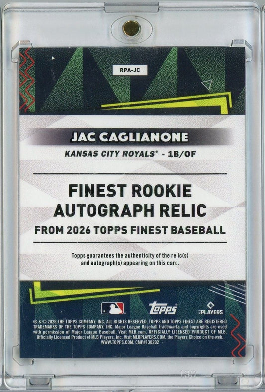 2026 Topps Finest Jac Caglianone #RPA-JC Finest Rookie Autograph Relic Orange /25 Rookie RC Baseball Card