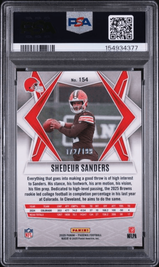 Graded 2025 Panini Phoenix Shedeur Sanders #154 Red Lazer /199 Rookie RC Football Card PSA 10 Gem Mint