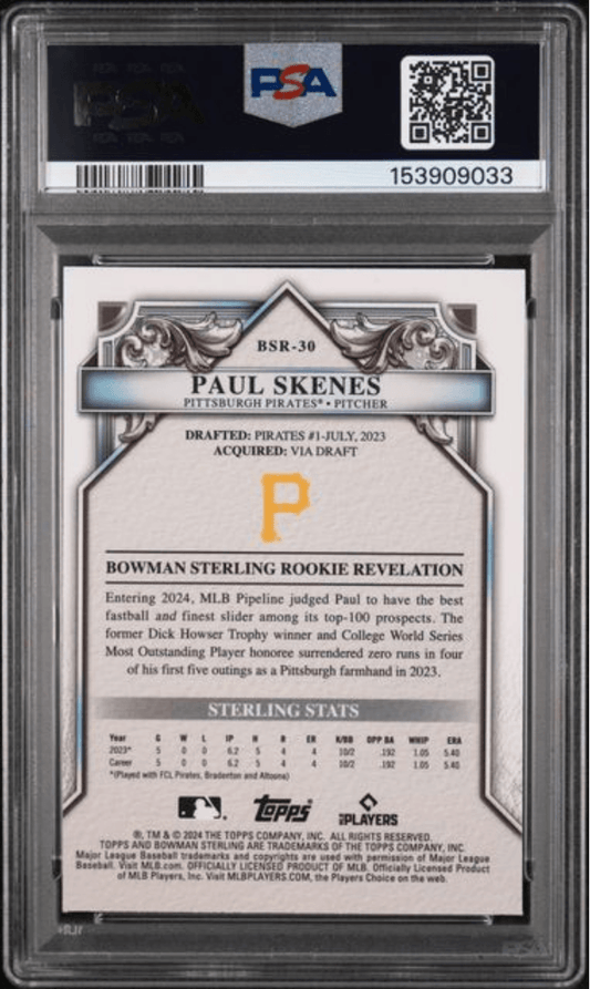 Graded 2024 Topps Bowman Sterling Paul Skenes #BSR30 Rookies Mini Diamond Refractor /150 Rookie RC Baseball Card PSA 10 Gem Mint