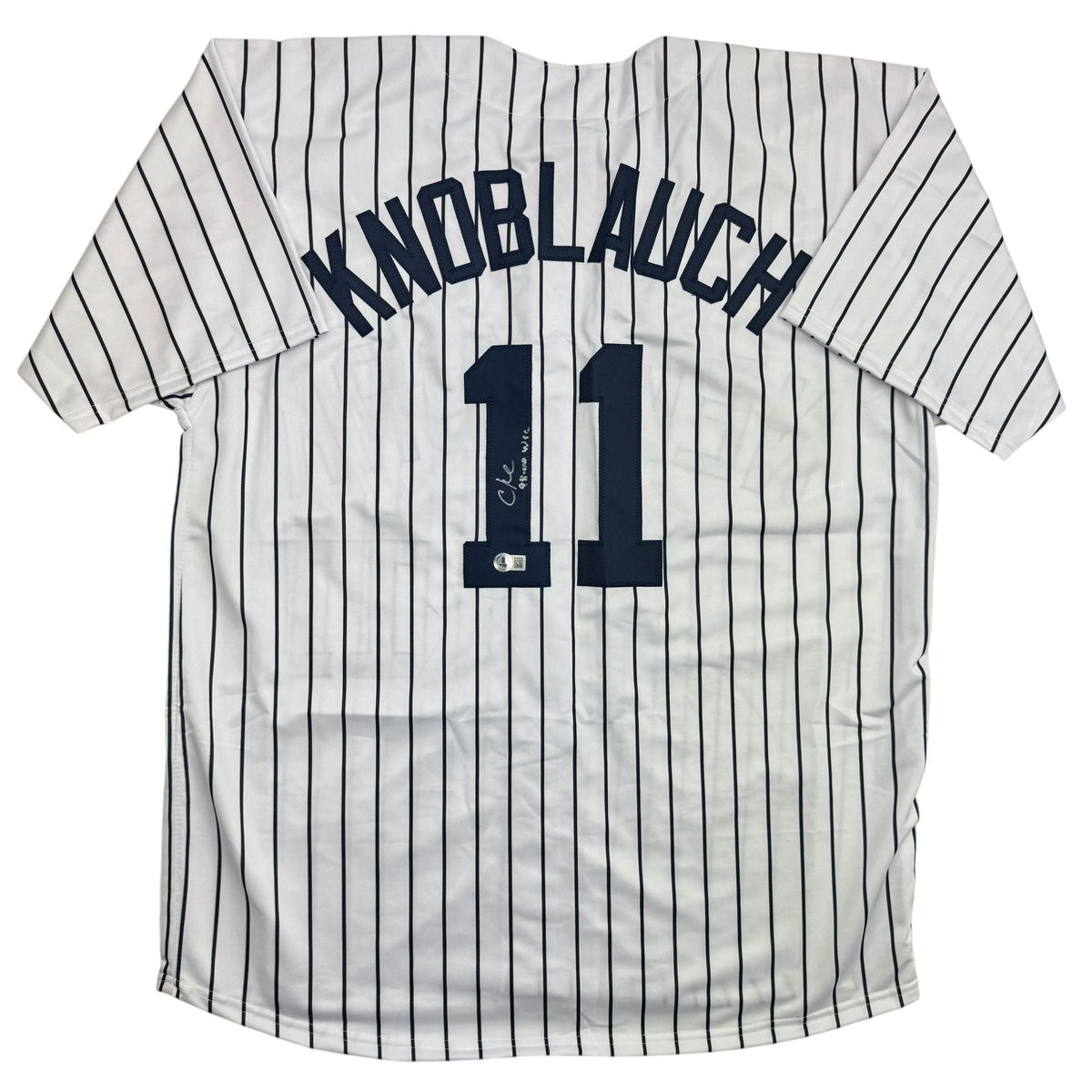 Autographed/Signed Chuck Knoblauch "98-00 WSC" New York Pinstripe Baseball Jersey Beckett BAS COA