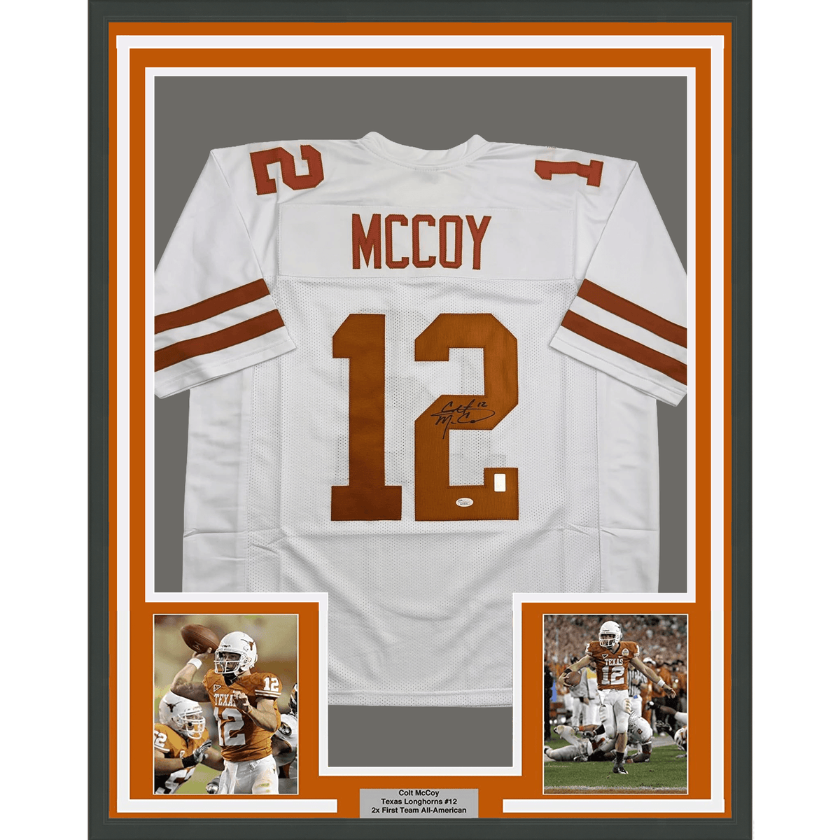 Framed Autographed/Signed Colt McCoy 35x39 Texas White College Football Jersey JSA COA