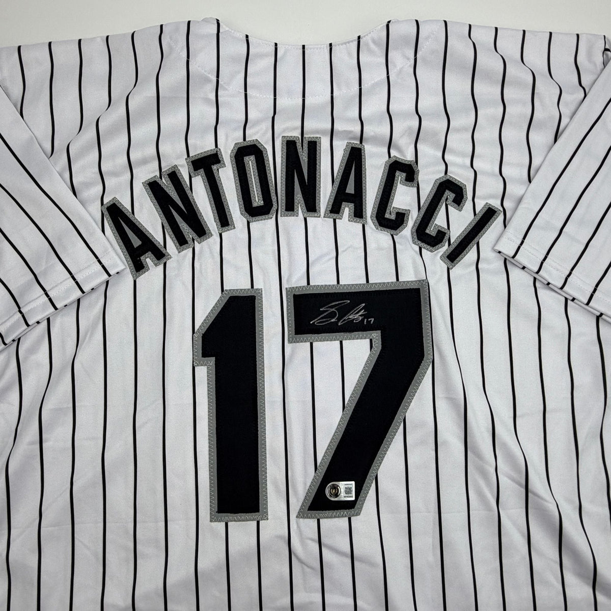 Autographed/Signed Sam Antonacci Chicago Pinstripe Baseball Jersey Beckett BAS COA