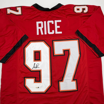Autographed/Signed Simeon Rice Tampa Bay Red Football Jersey JSA COA