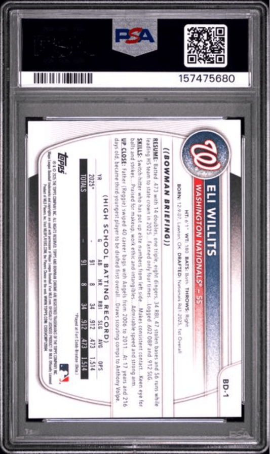 Graded 2025 Topps Bowman Draft Eli Willits #BD1 Rookie RC Baseball Card PSA 10 Gem Mint