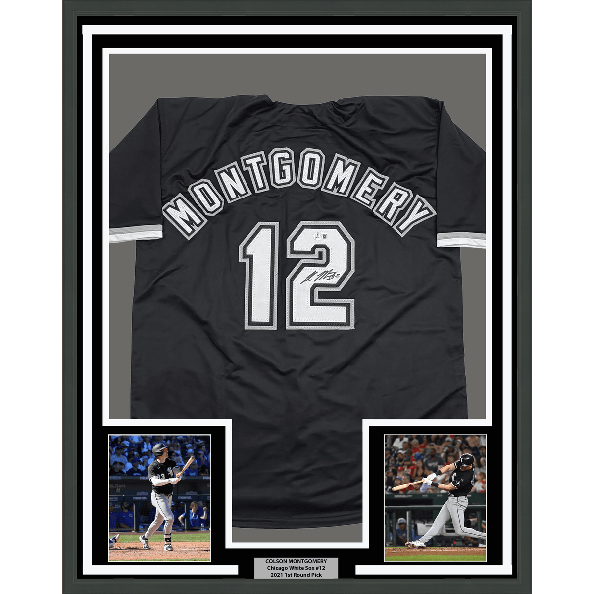 Framed Autographed/Signed Colson Montgomery 35x39 Chicago Black Baseball Jersey Beckett BAS COA