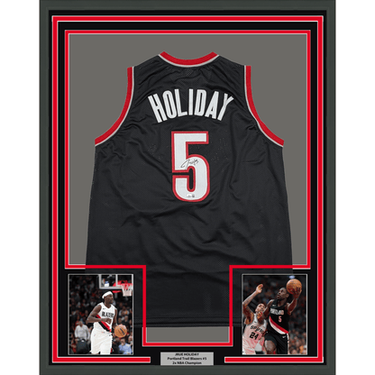Framed Autographed/Signed Jrue Holiday 35x39 Portland Black Basketball Jersey Beckett BAS COA