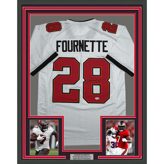 Framed Autographed/Signed Leonard Fournette 35x39 Tampa Bay White Football Jersey Beckett BAS COA