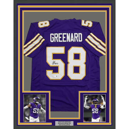 Framed Autographed/Signed Jonathan Greenard 35x39 Minnesota Purple Retro Football Jersey Beckett BAS COA
