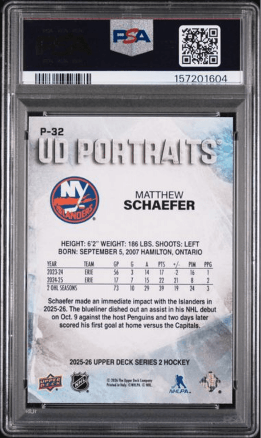 Graded 2025 Upper Deck Matthew Schaeffer #P32 UD Portraits Rookie RC Hockey Card PSA 10 Gem Mint