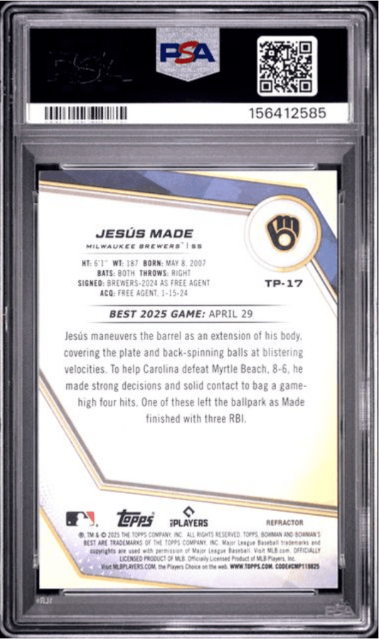 Graded 2025 Topps Bowmans Best Jesus Made #TP17 Top Prospects Refractor Rookie RC Baseball Card PSA 10 Gem Mint