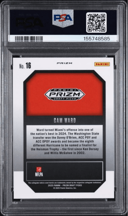 Graded 2025 Panini Prizm Draft Picks Cam Ward #16 New Recruits Gold Ice Rookie RC Football Card PSA 10 Gem Mint