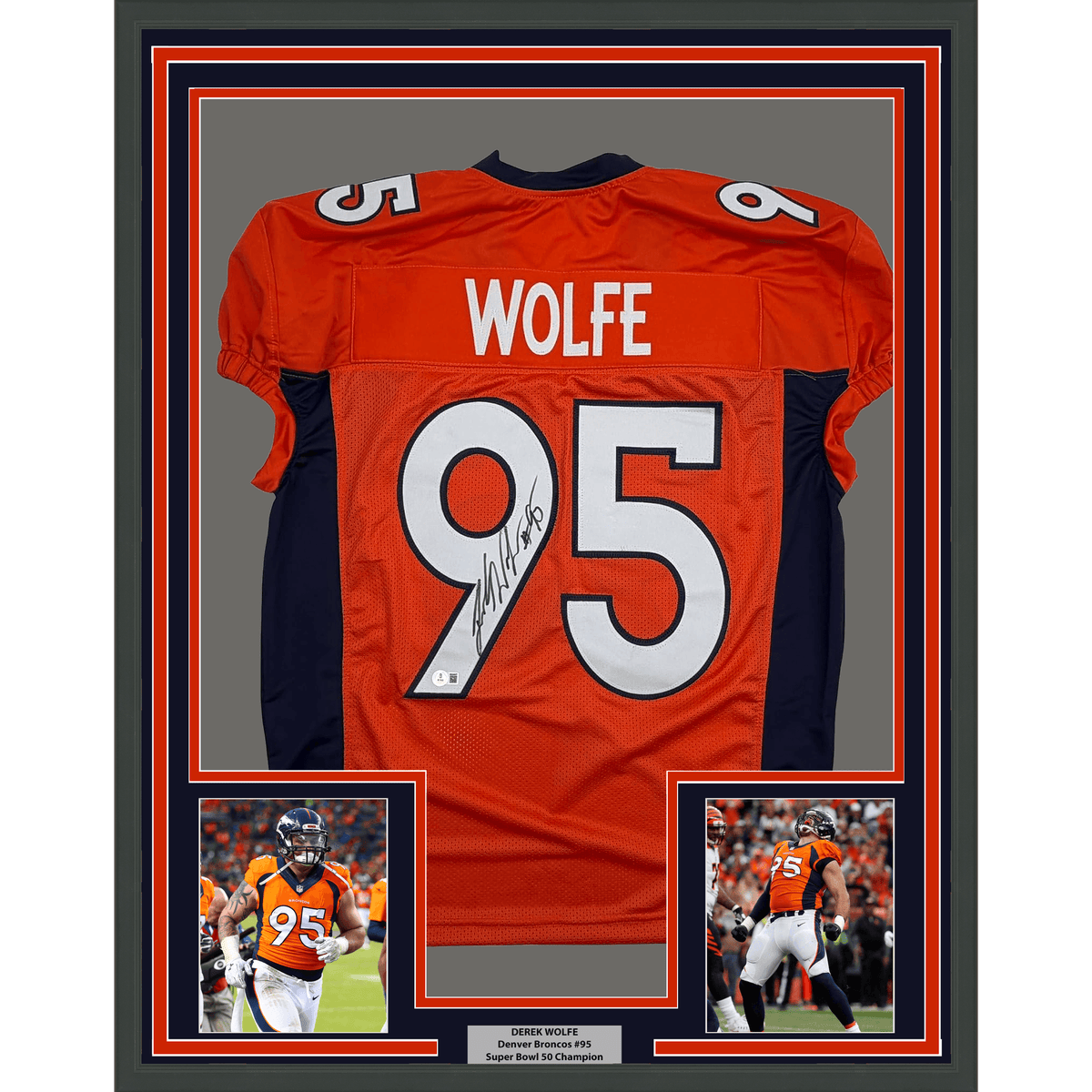 Framed Autographed/Signed Derek Wolfe 35x39 Denver Orange Pro Cut Football Jersey Beckett BAS COA