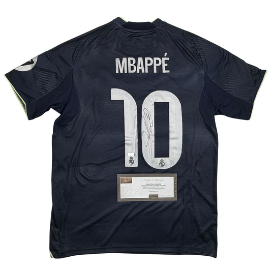 Autographed/Signed Kylian Mbappe Real Madrid Navy Blue Soccer Jersey Panini Authentic COA