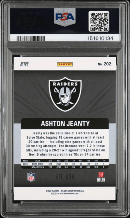 Graded 2025 Panini Revolution Ashton Jeanty #202 Green Astro /699 Rookie RC Football Card PSA 10 Gem Mint