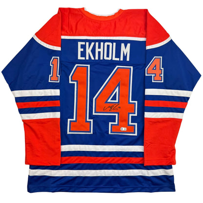 Autographed/Signed Mattias Ekholm Edmonton Blue Hockey Jersey Beckett BAS COA
