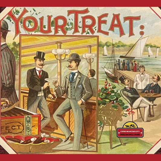 Vintage Your Treat cigar label showing stylish men by the seaside. Perfect nostalgia!