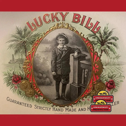 1900s - 1920s Antique Large Lucky Bill Embossed Cigar Label Victorian Boy! Vintage Advertisements Rare Boy - Own