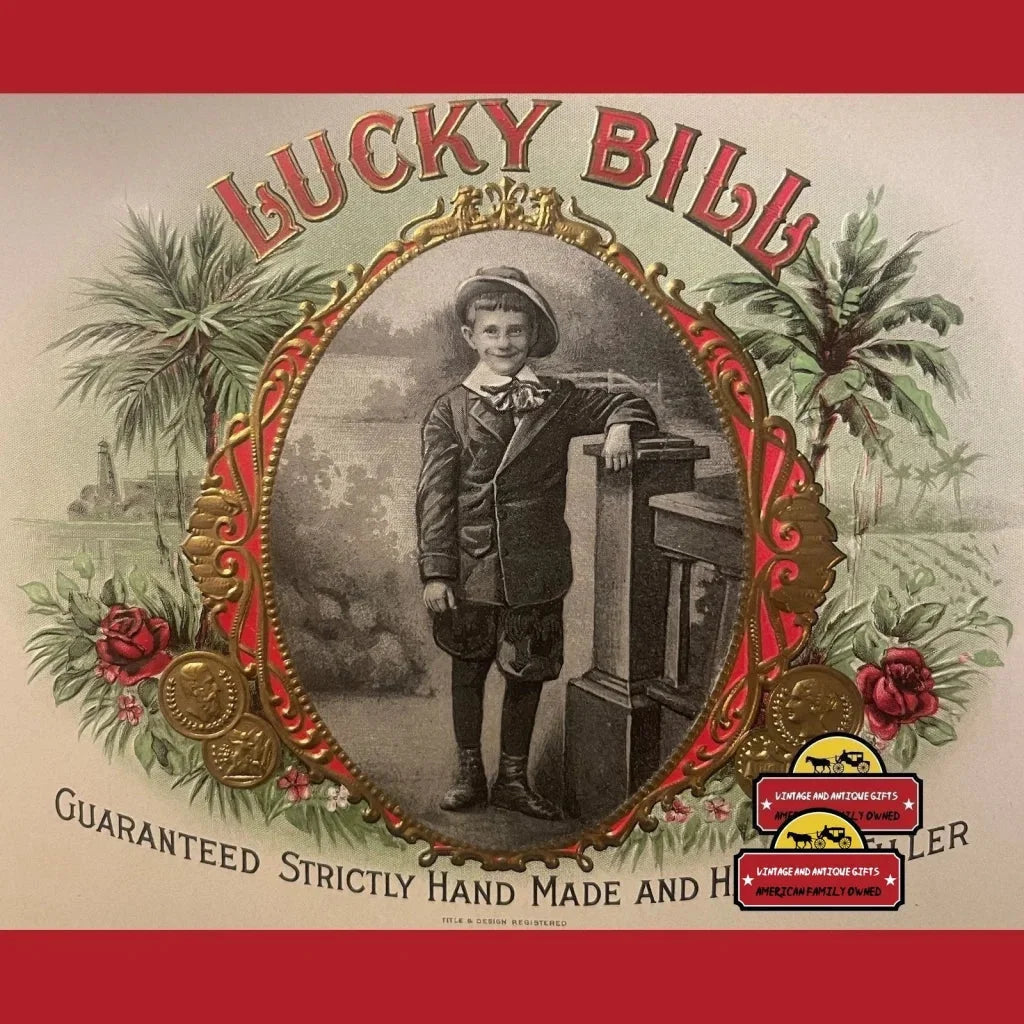 1900s - 1920s Antique Large Lucky Bill Embossed Cigar Label Victorian Boy! Vintage Advertisements Tobacco and Labels