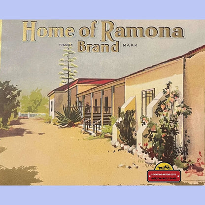 Vintage Ramona crate label showcasing a rustic adobe-style building design